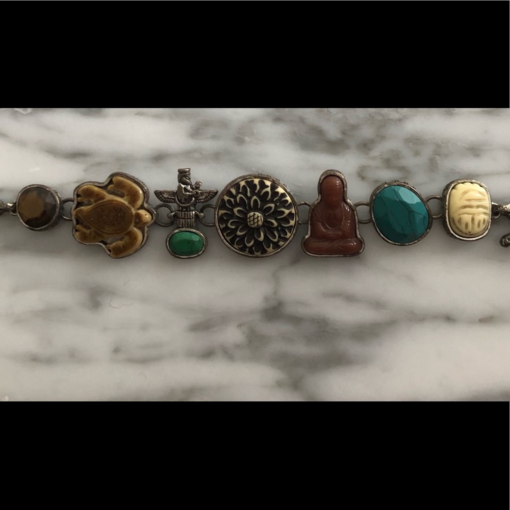Vintage carved Buddha Scarab Turtle Tiger Eye Flower Totem Toggle Mummy Bracelet